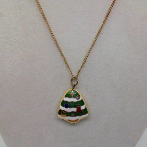 Vintage Enamel Green White Christmas Tree Charm Pendant Necklace